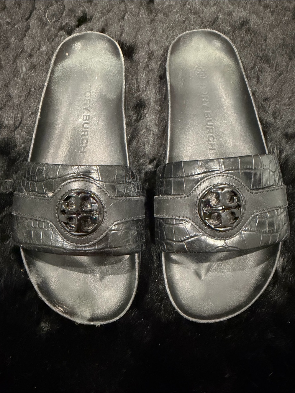 Tory Burch Black Croc-Embossed Logo Slide Sandals